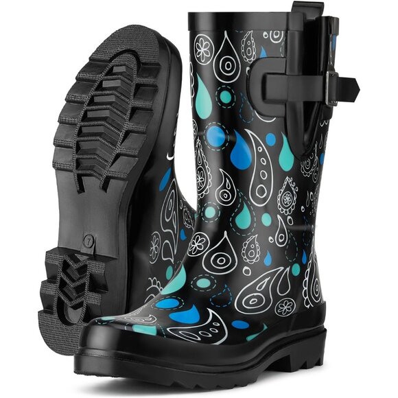 Women's Classic Paisley Black Fashionable Waterproof Garden Mud Rubber Rain Boot - Picture 8 of 8